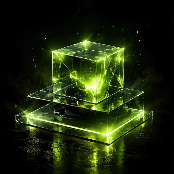Luminous glass cube with green energy inside