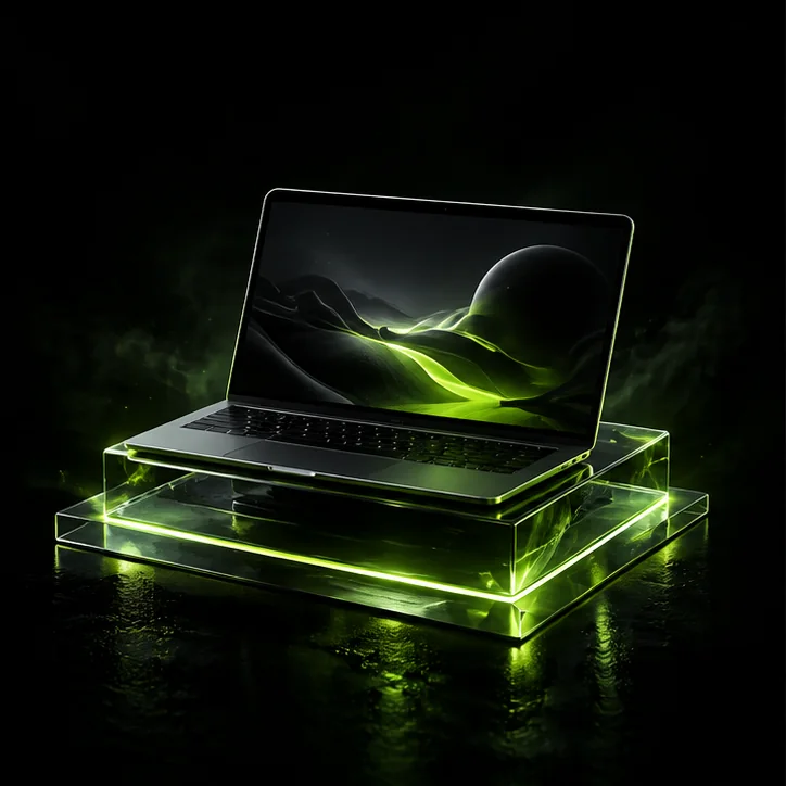 Black laptop on a glowing glass platform