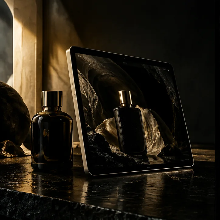 Luxury fragrance website concept beside dark perfume bottles