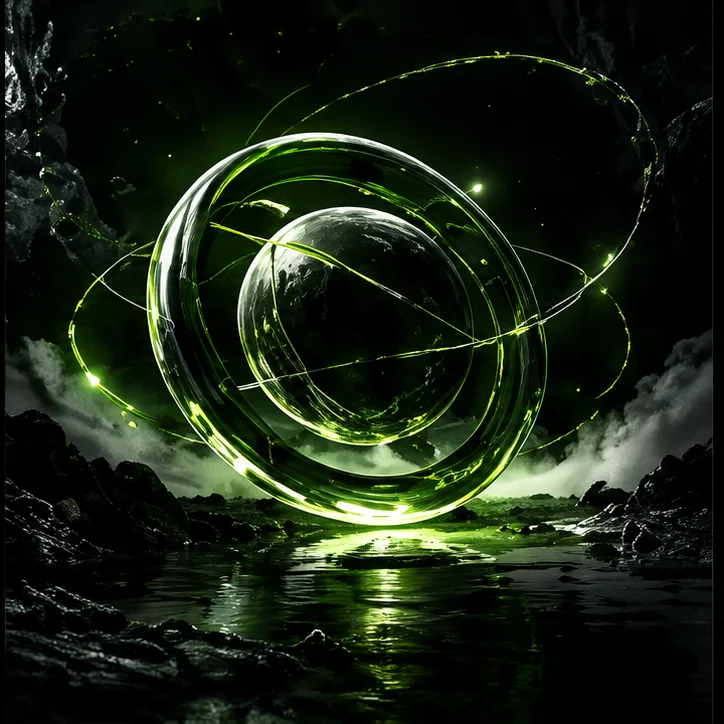 Luminous glass orbit over a dark landscape
